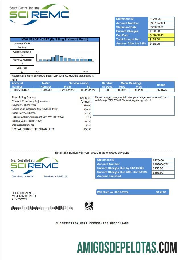 imprimível Modelo de conta de serviços públicos EUA Indiana SCI REMC em formato Word e PDF